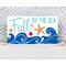 This whimsical autumn-themed coastal sign with bright blue waves, fall leaves, and an orange resin starfish for your coastal fall decor.